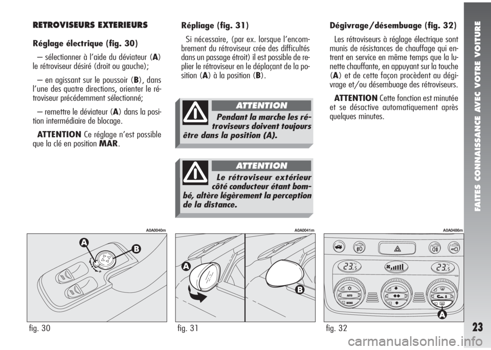 Alfa Romeo 147 2005  Notice dentretien (in French) FAITES CONNAISSANCE AVEC VOTRE VOITURE
23
Répliage(fig. 31)
Si nécessaire, (par ex. lorsque l’encom-
brement du rétroviseur crée des difficultés
dans un passage étroit) il est possible de re-
