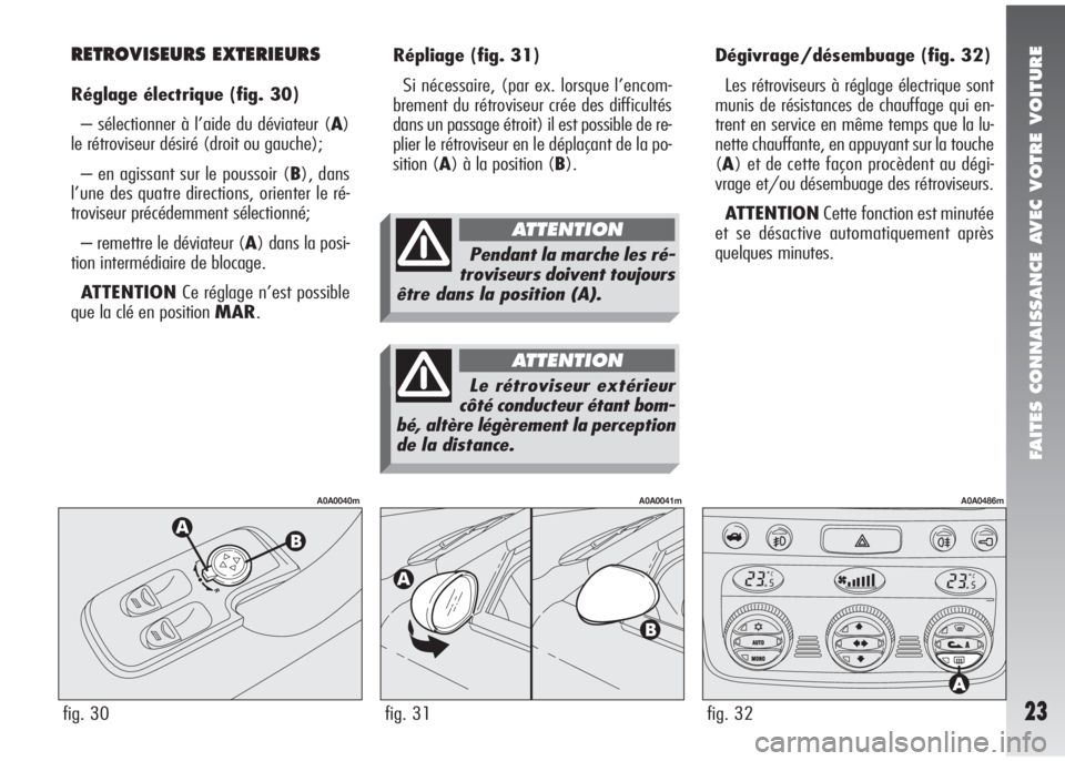 Alfa Romeo 147 2008 Notice dentretien (in French) FAITES CONNAISSANCE AVEC VOTRE VOITURE
23
Répliage(fig. 31)
Si nécessaire, (par ex. lorsque l’encom-
brement du rétroviseur crée des difficultés
dans un passage étroit) il est possible de re-
Alfa Romeo 147 2008 Notice dentretien (in French) FAITES CONNAISSANCE AVEC VOTRE VOITURE
23
Répliage(fig. 31)
Si nécessaire, (par ex. lorsque l’encom-
brement du rétroviseur crée des difficultés
dans un passage étroit) il est possible de re-