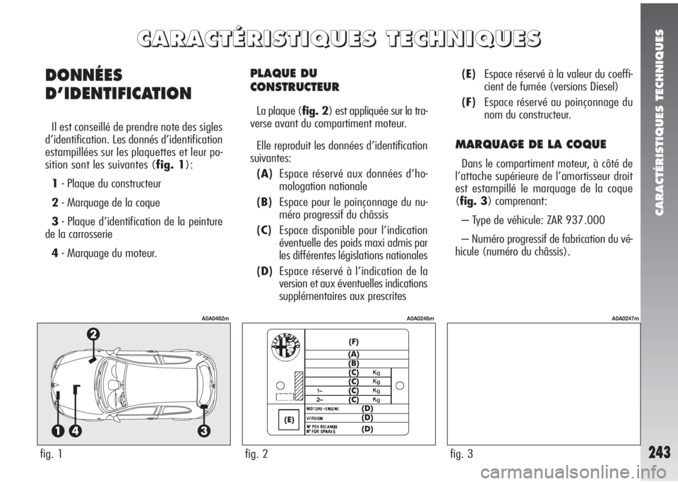 Alfa Romeo 147 2007 Notice dentretien (in French) CARACTÉRISTIQUES TECHNIQUES
243
PLAQUE DU
CONSTRUCTEUR
La plaque (fig. 2) est appliquée sur la tra-
verse avant du compartiment moteur.
Elle reproduit les données d’identification
suivantes:
(A) Alfa Romeo 147 2007 Notice dentretien (in French) CARACTÉRISTIQUES TECHNIQUES
243
PLAQUE DU
CONSTRUCTEUR
La plaque (fig. 2) est appliquée sur la tra-
verse avant du compartiment moteur.
Elle reproduit les données d’identification
suivantes:
(A)