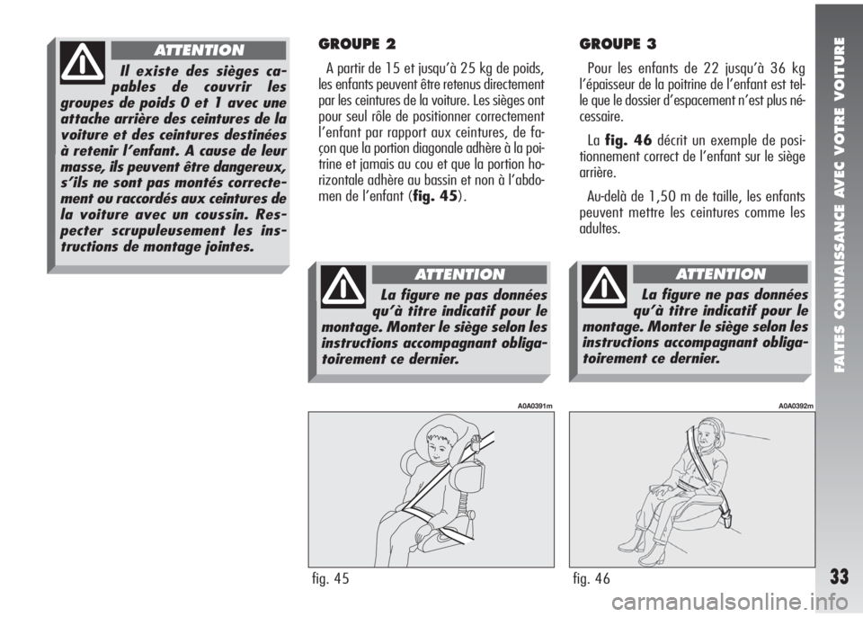 Alfa Romeo 147 2005  Notice dentretien (in French) FAITES CONNAISSANCE AVEC VOTRE VOITURE
33
GROUPE 2
A partir de 15 et jusqu’à 25 kg de poids,
les enfants peuvent être retenus directement
par les ceintures de la voiture. Les sièges ont
pour seul