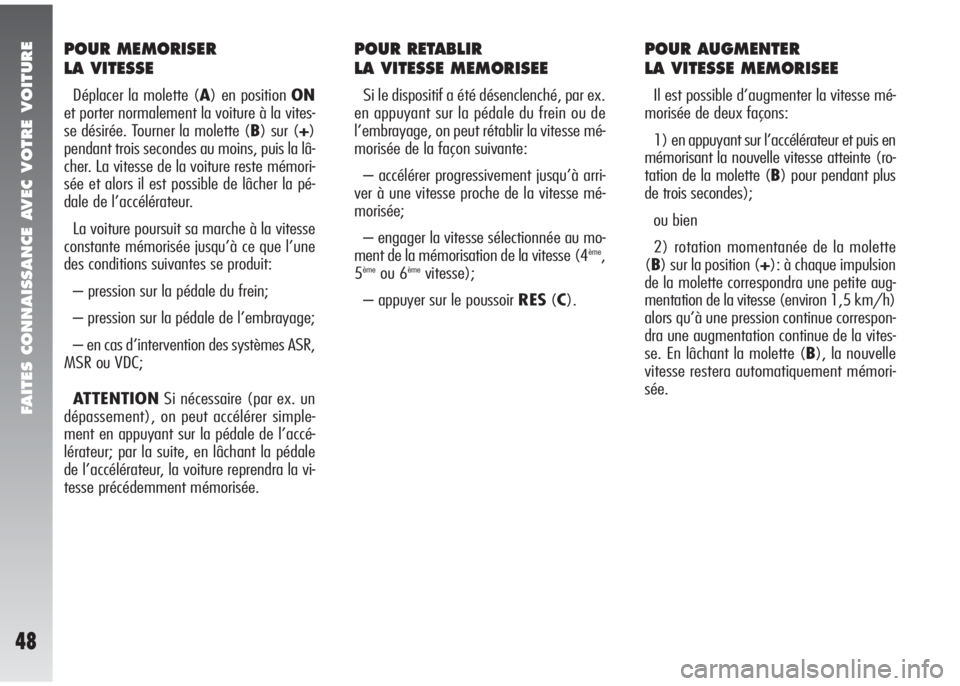 Alfa Romeo 147 2005  Notice dentretien (in French) FAITES CONNAISSANCE AVEC VOTRE VOITURE
48
POUR MEMORISER
LA VITESSE
Déplacer la molette (A) en position ON
et porter normalement la voiture à la vites-
se désirée. Tourner la molette (B) sur (+)
p