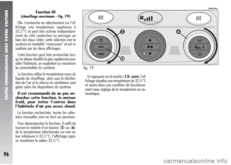 Alfa Romeo 147 2005  Notice dentretien (in French) FAITES CONNAISSANCE AVEC VOTRE VOITURE
96
Fonction HI
(chauffage maximum - fig. 79)
Elle s’enclenche en sélectionnant sur l’af-
fichage une température supérieure à
32,5°C et peut être activ
