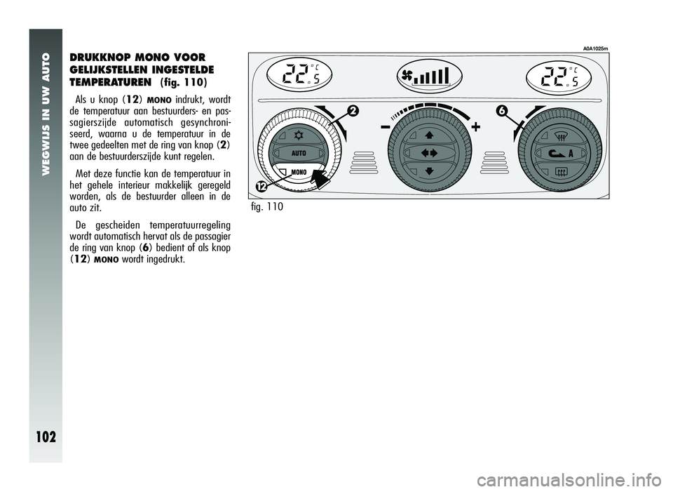 Alfa Romeo 147 2007 Instructieboek (in Dutch) WEGWIJS IN UW AUTO
102
DRUKKNOP MONO VOOR
GELIJKSTELLEN INGESTELDE
TEMPERATUREN
(fig. 110)
Als u knop ( 12)
MONOindrukt, wordt
de temperatuur aan bestuurders- en pas-
sagierszijde automatisch gesync Alfa Romeo 147 2007 Instructieboek (in Dutch) WEGWIJS IN UW AUTO
102
DRUKKNOP MONO VOOR
GELIJKSTELLEN INGESTELDE
TEMPERATUREN
(fig. 110)
Als u knop ( 12)
MONOindrukt, wordt
de temperatuur aan bestuurders- en pas-
sagierszijde automatisch gesync