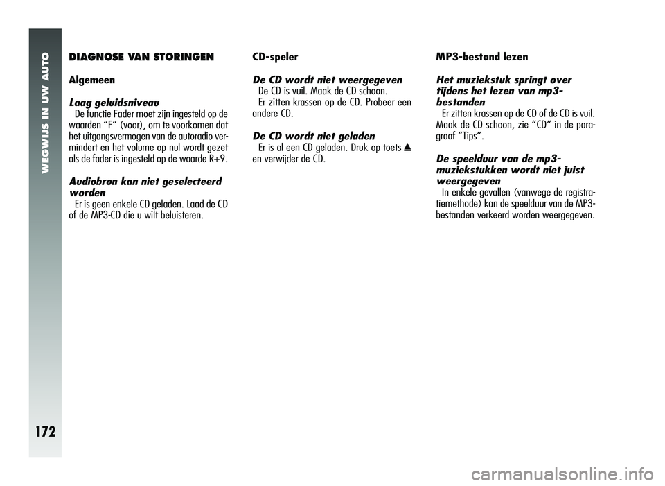 Alfa Romeo 147 2007 Instructieboek (in Dutch) WEGWIJS IN UW AUTO
172
DIAGNOSE VAN STORINGEN
Algemeen
Laag geluidsniveau
De functie Fader moet zijn ingesteld op de
waarden “F” (voor), om te voorkomen dat
het uitgangsvermogen van de autoradio v Alfa Romeo 147 2007 Instructieboek (in Dutch) WEGWIJS IN UW AUTO
172
DIAGNOSE VAN STORINGEN
Algemeen
Laag geluidsniveau
De functie Fader moet zijn ingesteld op de
waarden “F” (voor), om te voorkomen dat
het uitgangsvermogen van de autoradio v