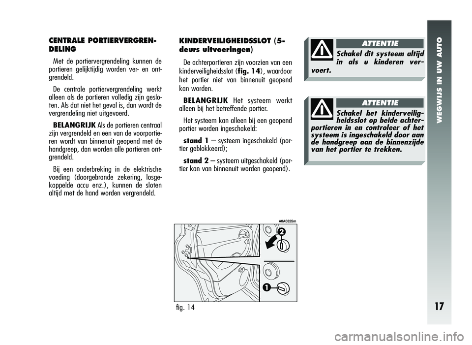 Alfa Romeo 147 2006  Instructieboek (in Dutch) WEGWIJS IN UW AUTO
17
CENTRALE PORTIERVERGREN-
DELING
Met de portiervergrendeling kunnen de
portieren gelijktijdig worden ver- en ont-
grendeld.
De centrale portiervergrendeling werkt
alleen als de po
