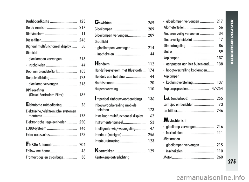 Alfa Romeo 147 2006  Instructieboek (in Dutch) ALFABETISCH REGISTER
275
Dashboardkastje .......................... 123
Derde remlicht ............................. 217
Diefstalalarm ............................... 11
Dieselfilter..................