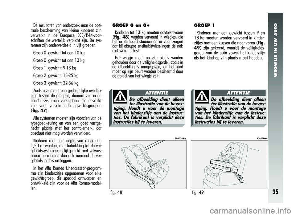 Alfa Romeo 147 2011  Instructieboek (in Dutch) WEGWIJS IN UW AUTO
35
De resultaten van onderzoek naar de opti-
male bescherming van kleine kinderen zijn
verwerkt in de Europese ECE/R44-voor-
schriften die wettelijk verplicht zijn. De sys-
temen zi