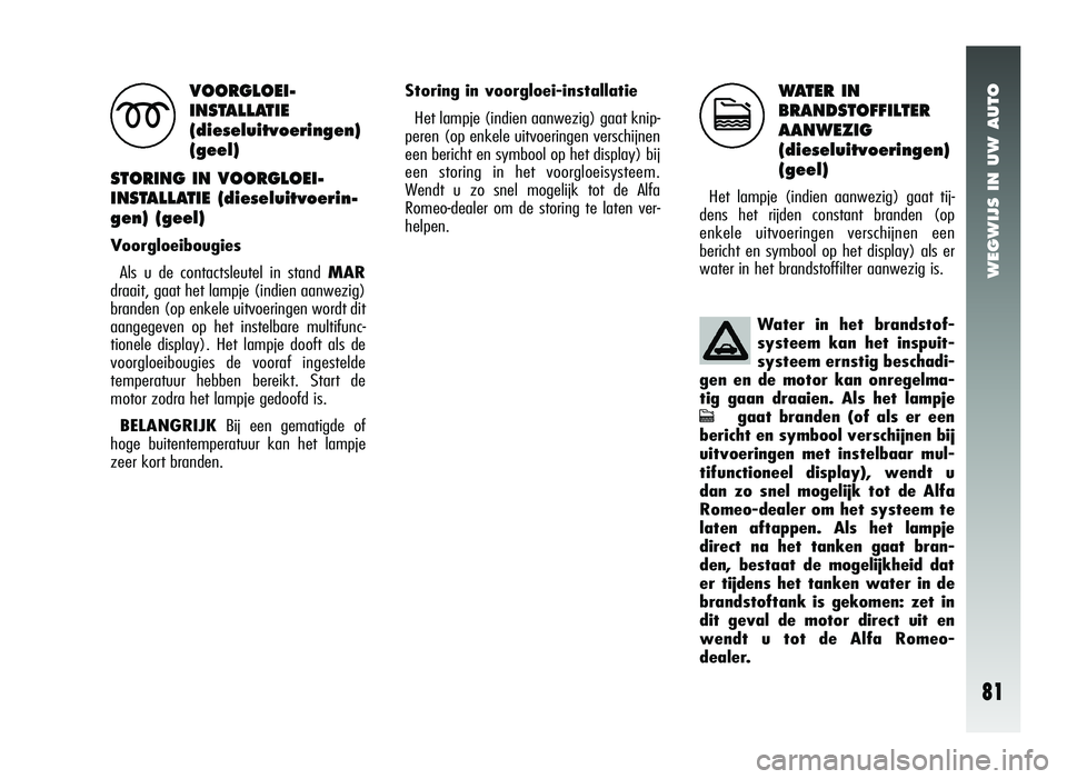 Alfa Romeo 147 2011 Instructieboek (in Dutch) WEGWIJS IN UW AUTO
81
VOORGLOEI-
INSTALLATIE
(dieseluitvoeringen)
(geel)
STORING IN VOORGLOEI-
INSTALLATIE (dieseluitvoerin-
gen) (geel)
V oorgloeibougies
Als u de contactsleutel in stand MAR
draait, Alfa Romeo 147 2011 Instructieboek (in Dutch) WEGWIJS IN UW AUTO
81
VOORGLOEI-
INSTALLATIE
(dieseluitvoeringen)
(geel)
STORING IN VOORGLOEI-
INSTALLATIE (dieseluitvoerin-
gen) (geel)
V oorgloeibougies
Als u de contactsleutel in stand MAR
draait,