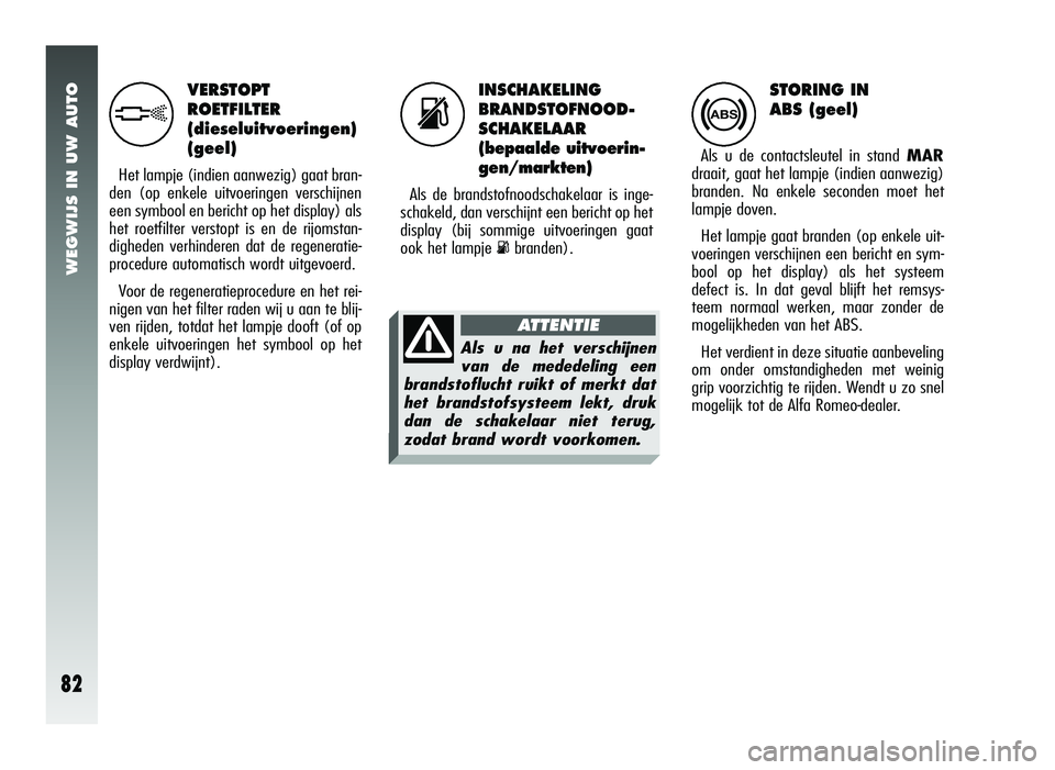 Alfa Romeo 147 2011 Instructieboek (in Dutch) WEGWIJS IN UW AUTO
82
VERSTOPT
ROETFILTER
(dieseluitvoeringen)
(geel)
Het lampje (indien aanwezig) gaat bran-
den (op enkele uitvoeringen verschijnen
een symbool en bericht op het display) als
het roe Alfa Romeo 147 2011 Instructieboek (in Dutch) WEGWIJS IN UW AUTO
82
VERSTOPT
ROETFILTER
(dieseluitvoeringen)
(geel)
Het lampje (indien aanwezig) gaat bran-
den (op enkele uitvoeringen verschijnen
een symbool en bericht op het display) als
het roe