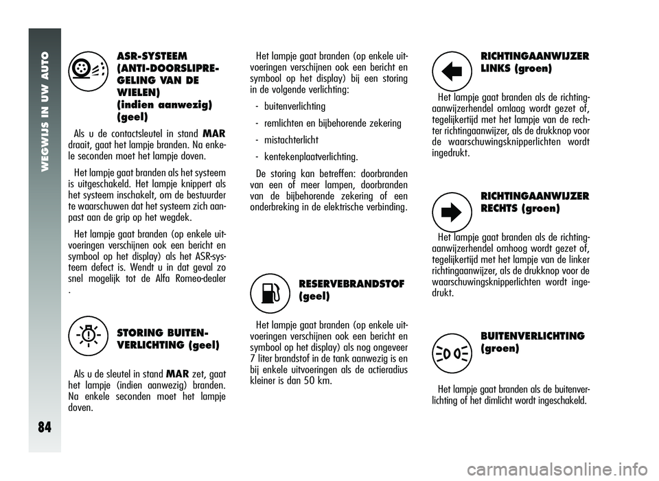 Alfa Romeo 147 2006  Instructieboek (in Dutch) WEGWIJS IN UW AUTO
84
ASR-SYSTEEM
(ANTI-DOORSLIPRE-
GELING VAN DE
WIELEN)
(indien aanwezig)
(geel)
Als u de contactsleutel in stand MAR
draait, gaat het lampje branden. Na enke-
le seconden moet het l