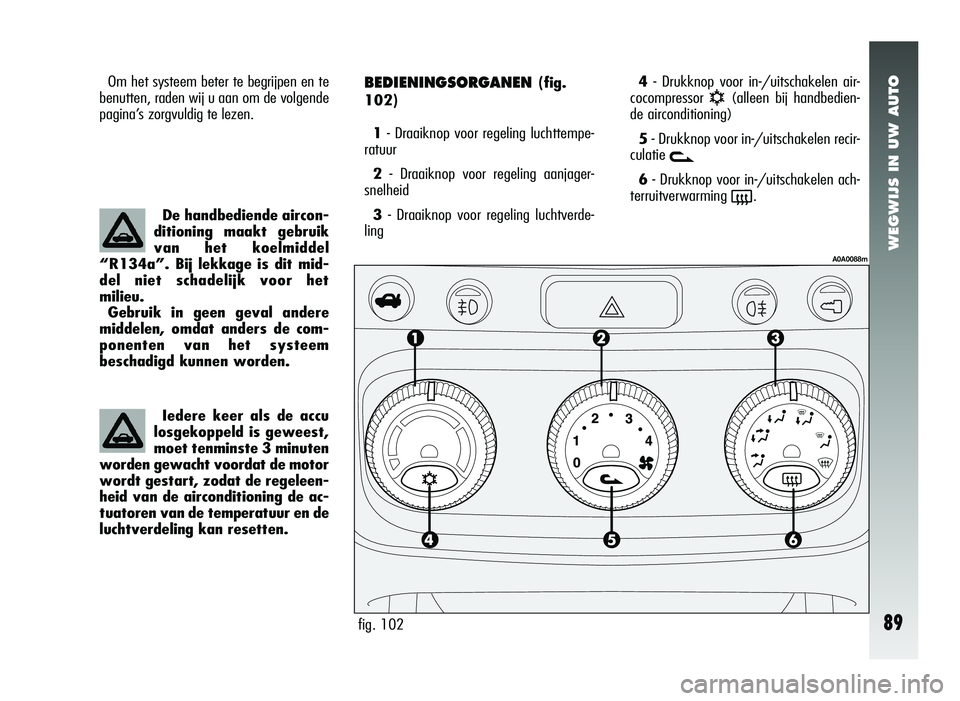 Alfa Romeo 147 2006  Instructieboek (in Dutch) WEGWIJS IN UW AUTO
89
BEDIENINGSORGANEN (fig.
102)
1 - Draaiknop voor regeling luchttempe-
ratuur
2 - Draaiknop voor regeling aanjager-
snelheid
3 - Draaiknop voor regeling luchtverde-
ling
fig. 102
A