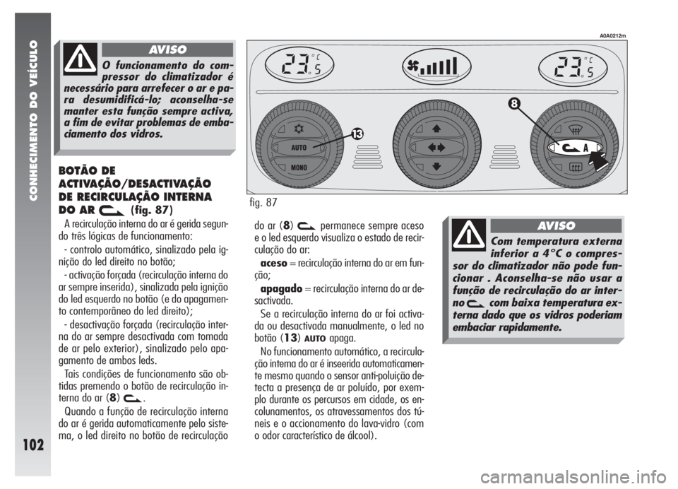 Alfa Romeo 147 2005 Manual de Uso e Manutenção (in Portuguese) CONHECIMENTO DO VEÍCULO
102
BOTÃO DE
ACTIVAÇÃO/DESACTIVAÇÃO
DE RECIRCULAÇÃO INTERNA
DO AR
v(fig. 87)
A recirculação interna do ar é gerida segun-
do três lógicas de funcionamento:
- cont Alfa Romeo 147 2005 Manual de Uso e Manutenção (in Portuguese) CONHECIMENTO DO VEÍCULO
102
BOTÃO DE
ACTIVAÇÃO/DESACTIVAÇÃO
DE RECIRCULAÇÃO INTERNA
DO AR
v(fig. 87)
A recirculação interna do ar é gerida segun-
do três lógicas de funcionamento:
- cont
