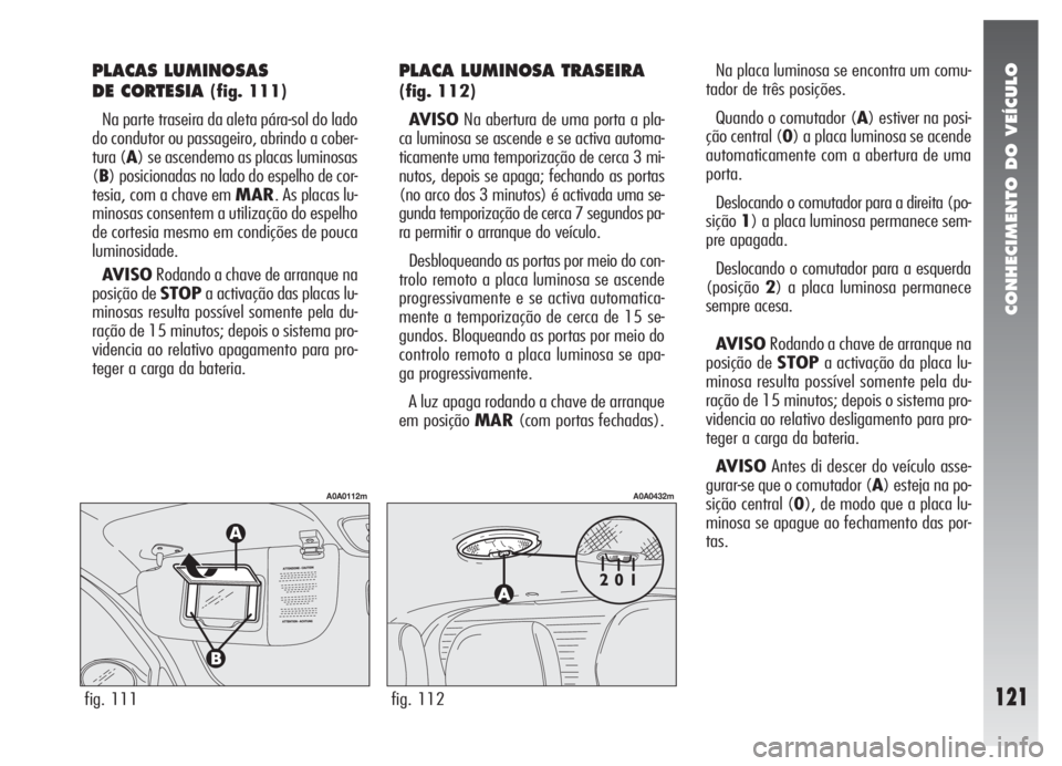 Alfa Romeo 147 2005 Manual de Uso e Manutenção (in Portuguese) CONHECIMENTO DO VEÍCULO
121fig. 111
A0A0112m
fig. 112
A0A0432m
PLACAS LUMINOSAS
DE CORTESIA
(fig. 111)
Na parte traseira da aleta pára-sol do lado
do condutor ou passageiro, abrindo a cober-
tura Alfa Romeo 147 2005 Manual de Uso e Manutenção (in Portuguese) CONHECIMENTO DO VEÍCULO
121fig. 111
A0A0112m
fig. 112
A0A0432m
PLACAS LUMINOSAS
DE CORTESIA
(fig. 111)
Na parte traseira da aleta pára-sol do lado
do condutor ou passageiro, abrindo a cober-
tura