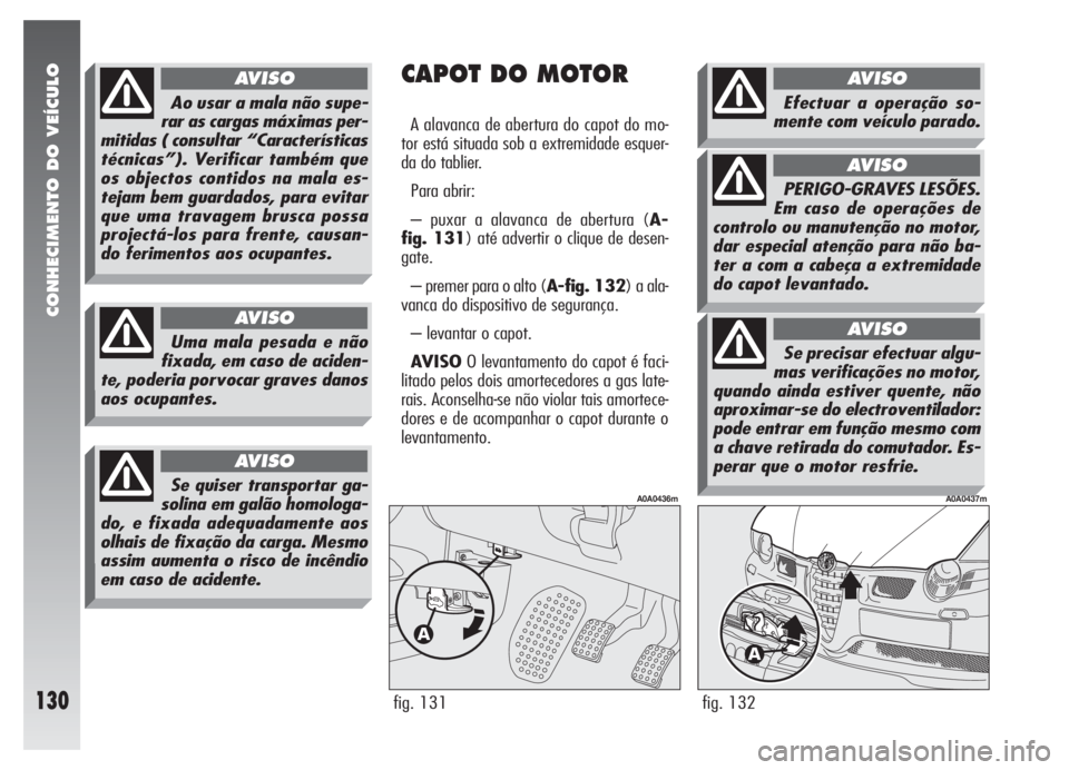 Alfa Romeo 147 2005 Manual de Uso e Manutenção (in Portuguese) CONHECIMENTO DO VEÍCULO
130fig. 132
A0A0437m
CAPOT DO MOTOR
A alavanca de abertura do capot do mo-
tor está situada sob a extremidade esquer-
da do tablier.
Para abrir:
– puxar a alavanca de abert Alfa Romeo 147 2005 Manual de Uso e Manutenção (in Portuguese) CONHECIMENTO DO VEÍCULO
130fig. 132
A0A0437m
CAPOT DO MOTOR
A alavanca de abertura do capot do mo-
tor está situada sob a extremidade esquer-
da do tablier.
Para abrir:
– puxar a alavanca de abert