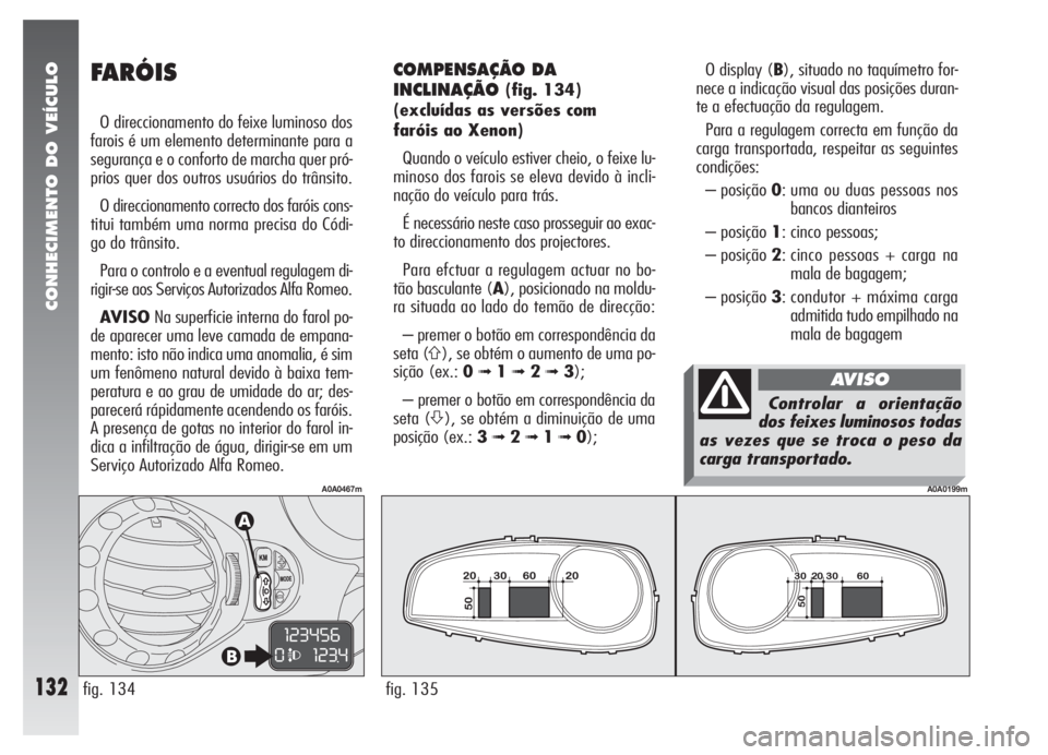 Alfa Romeo 147 2005 Manual de Uso e Manutenção (in Portuguese) CONHECIMENTO DO VEÍCULO
132fig. 135
A0A0199m
O display (B), situado no taquímetro for-
nece a indicação visual das posições duran-
te a efectuação da regulagem.
Para a regulagem correcta em fu Alfa Romeo 147 2005 Manual de Uso e Manutenção (in Portuguese) CONHECIMENTO DO VEÍCULO
132fig. 135
A0A0199m
O display (B), situado no taquímetro for-
nece a indicação visual das posições duran-
te a efectuação da regulagem.
Para a regulagem correcta em fu