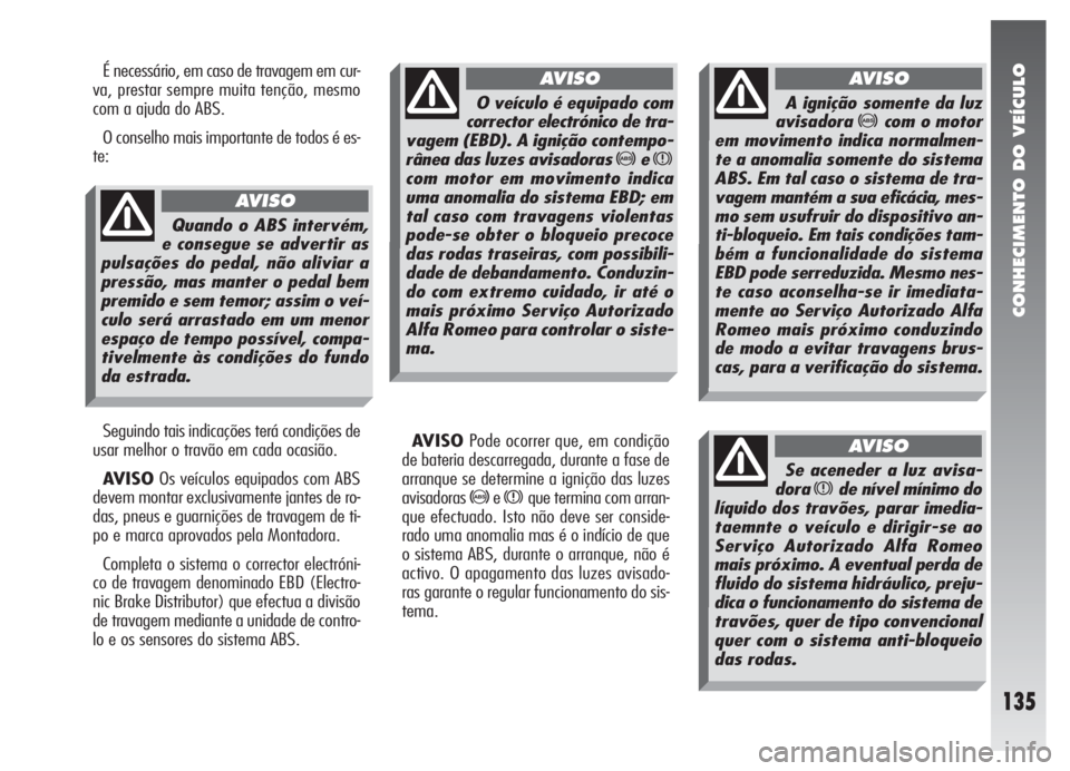 Alfa Romeo 147 2005 Manual de Uso e Manutenção (in Portuguese) CONHECIMENTO DO VEÍCULO
135
É necessário, em caso de travagem em cur-
va, prestar sempre muita tenção, mesmo
com a ajuda do ABS.
O conselho mais importante de todos é es-
te:
Seguindo tais indic Alfa Romeo 147 2005 Manual de Uso e Manutenção (in Portuguese) CONHECIMENTO DO VEÍCULO
135
É necessário, em caso de travagem em cur-
va, prestar sempre muita tenção, mesmo
com a ajuda do ABS.
O conselho mais importante de todos é es-
te:
Seguindo tais indic
