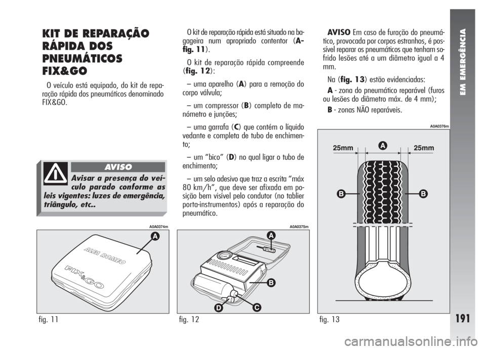 Alfa Romeo 147 2005 Manual de Uso e Manutenção (in Portuguese) EM EMERGÊNCIA
191fig. 11
A0A0374m
fig. 12
A0A0375m
fig. 13
A0A0376m
KIT DE REPARAÇÃO
RÁPIDA DOS
PNEUMÁTICOS
FIX&GO
O veículo está equipado, do kit de repa-
ração rápida dos pneumáticos den Alfa Romeo 147 2005 Manual de Uso e Manutenção (in Portuguese) EM EMERGÊNCIA
191fig. 11
A0A0374m
fig. 12
A0A0375m
fig. 13
A0A0376m
KIT DE REPARAÇÃO
RÁPIDA DOS
PNEUMÁTICOS
FIX&GO
O veículo está equipado, do kit de repa-
ração rápida dos pneumáticos den
