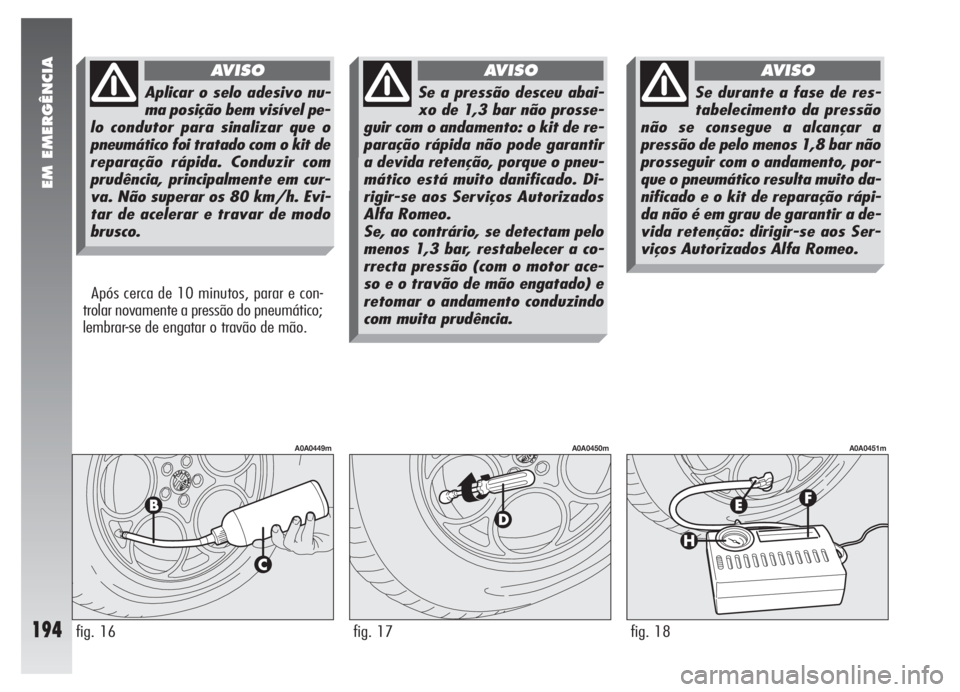 Alfa Romeo 147 2005 Manual de Uso e Manutenção (in Portuguese) EM EMERGÊNCIA
194
Após cerca de 10 minutos, parar e con-
trolar novamente a pressão do pneumático;
lembrar-se de engatar o travão de mão.
fig. 16
A0A0449m
fig. 17
A0A0450m
fig. 18
A0A0451m
Aplic Alfa Romeo 147 2005 Manual de Uso e Manutenção (in Portuguese) EM EMERGÊNCIA
194
Após cerca de 10 minutos, parar e con-
trolar novamente a pressão do pneumático;
lembrar-se de engatar o travão de mão.
fig. 16
A0A0449m
fig. 17
A0A0450m
fig. 18
A0A0451m
Aplic