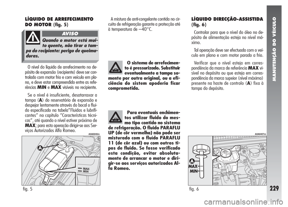 Alfa Romeo 147 2005 Manual de Uso e Manutenção (in Portuguese) MANUTENÇÃO DO VÉICULO
229
LÍQUIDO DIRECÇÃO-ASSISTIDA
(fig. 6)
Controlar para que o nível do óleo no de-
pósito de alimentação esteja no nível má-
ximo.
Tal operação deve ser efectuada Alfa Romeo 147 2005 Manual de Uso e Manutenção (in Portuguese) MANUTENÇÃO DO VÉICULO
229
LÍQUIDO DIRECÇÃO-ASSISTIDA
(fig. 6)
Controlar para que o nível do óleo no de-
pósito de alimentação esteja no nível má-
ximo.
Tal operação deve ser efectuada