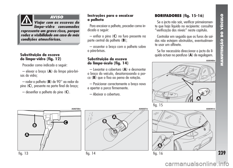 Alfa Romeo 147 2005 Manual de Uso e Manutenção (in Portuguese) MANUTENÇÃO DO VÉICULO
239
Substituição da escova
do limpa-vidro (fig. 12)
Proceder como indicado a seguir:
– elevar o braço (A) do limpa pára-bri-
sas do vidro;
– rodar a palheta (B) de 90 Alfa Romeo 147 2005 Manual de Uso e Manutenção (in Portuguese) MANUTENÇÃO DO VÉICULO
239
Substituição da escova
do limpa-vidro (fig. 12)
Proceder como indicado a seguir:
– elevar o braço (A) do limpa pára-bri-
sas do vidro;
– rodar a palheta (B) de 90