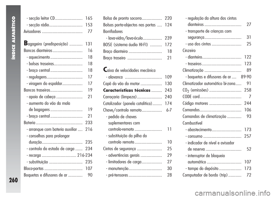 Alfa Romeo 147 2006  Manual de Uso e Manutenção (in Portuguese) ÍNDICE ALFABÉTICO
260
- secção leitor CD ....................... 165
- secção rádio............................ 153
Avisadores .................................. 77
Bagageiro (predisposição) 