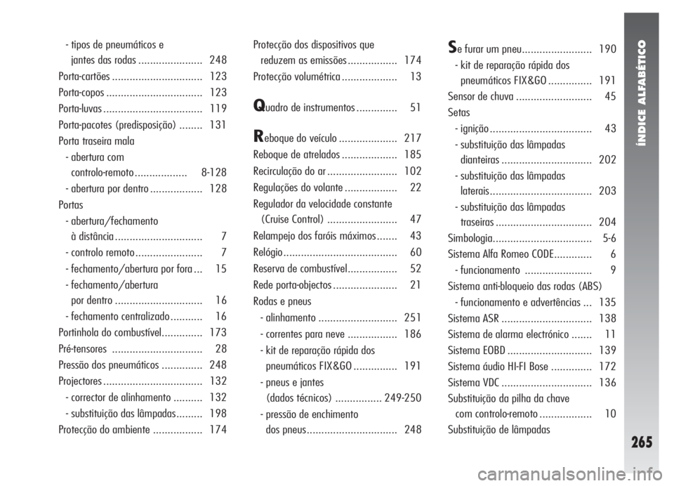 Alfa Romeo 147 2009  Manual de Uso e Manutenção (in Portuguese) ÍNDICE ALFABÉTICO
265
- tipos de pneumáticos e 
jantes das rodas ...................... 248
Porta-cartões ............................... 123
Porta-copos ................................. 123
Port