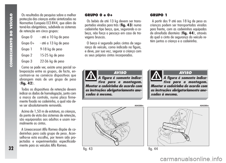 Alfa Romeo 147 2011 Manual de Uso e Manutenção (in Portuguese) CONHECIMENTO DO VEÍCULO
32
GRUPO 1
A partir dos 9 até aos 18 kg de peso as
crianças podem ser transportadas viradas
para frente, com as cadeirinhas equipadas
de almofada dianteira (fig. 44), atrav Alfa Romeo 147 2011 Manual de Uso e Manutenção (in Portuguese) CONHECIMENTO DO VEÍCULO
32
GRUPO 1
A partir dos 9 até aos 18 kg de peso as
crianças podem ser transportadas viradas
para frente, com as cadeirinhas equipadas
de almofada dianteira (fig. 44), atrav