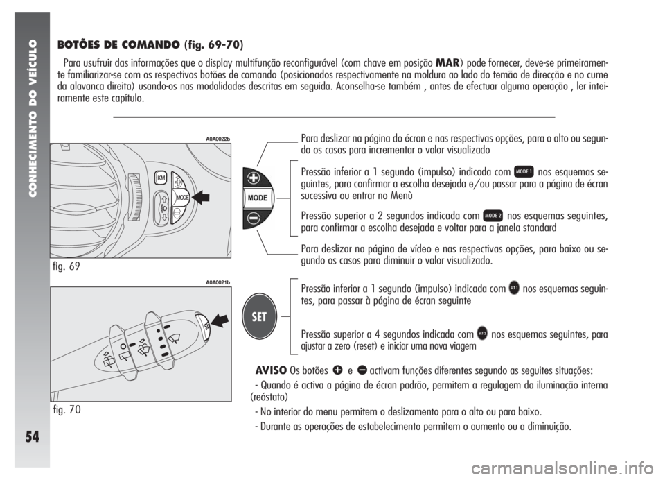 Alfa Romeo 147 2005  Manual de Uso e Manutenção (in Portuguese) CONHECIMENTO DO VEÍCULO
54
BOTÕES DE COMANDO (fig. 69-70)
Para usufruir das informações que o display multifunção reconfigurável (com chave em posição MAR) pode fornecer, deve-se primeiramen-