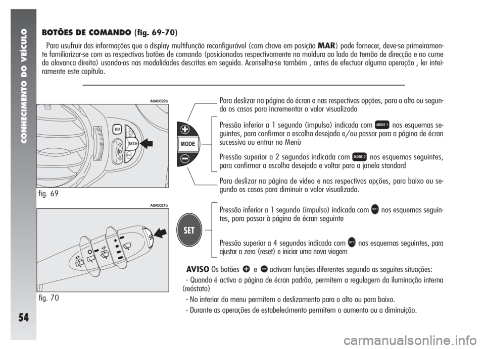 Alfa Romeo 147 2007 Manual de Uso e Manutenção (in Portuguese) CONHECIMENTO DO VEÍCULO
54
BOTÕES DE COMANDO (fig. 69-70)
Para usufruir das informações que o display multifunção reconfigurável (com chave em posição MAR) pode fornecer, deve-se primeiramen- Alfa Romeo 147 2007 Manual de Uso e Manutenção (in Portuguese) CONHECIMENTO DO VEÍCULO
54
BOTÕES DE COMANDO (fig. 69-70)
Para usufruir das informações que o display multifunção reconfigurável (com chave em posição MAR) pode fornecer, deve-se primeiramen-