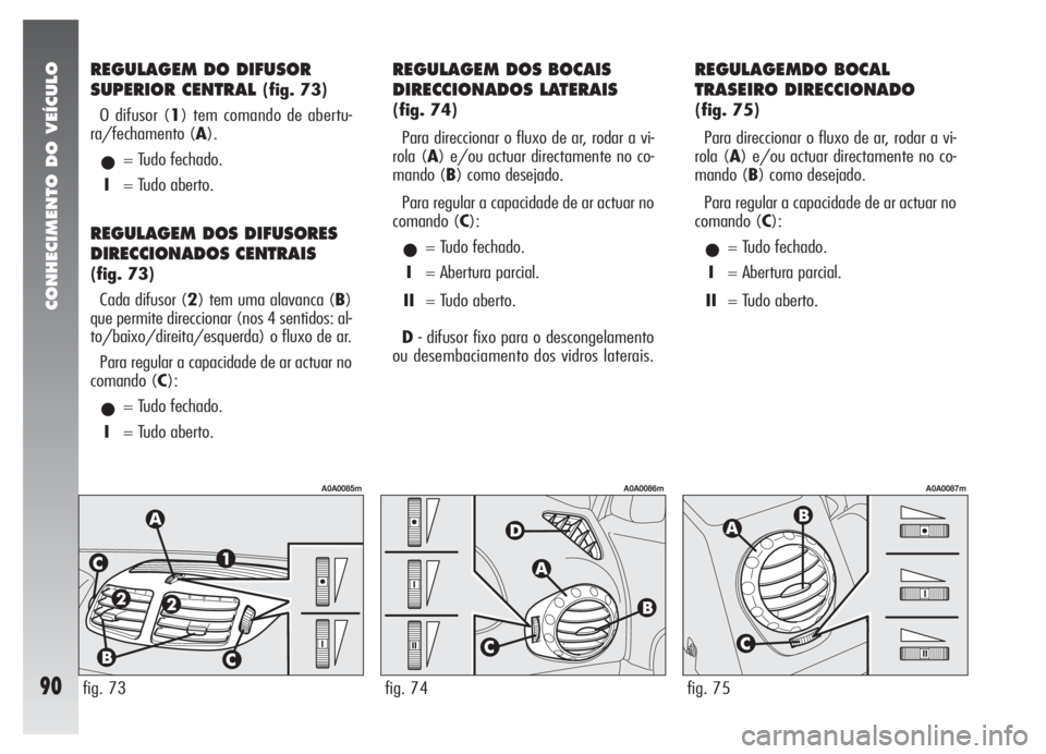 Alfa Romeo 147 2005 Manual de Uso e Manutenção (in Portuguese) CONHECIMENTO DO VEÍCULO
90fig. 73fig. 74fig. 75
REGULAGEM DO DIFUSOR
SUPERIOR CENTRAL
(fig. 73)
O difusor (1) tem comando de abertu-
ra/fechamento (A).
•= Tudo fechado.
I= Tudo aberto.
REGULAGEM D Alfa Romeo 147 2005 Manual de Uso e Manutenção (in Portuguese) CONHECIMENTO DO VEÍCULO
90fig. 73fig. 74fig. 75
REGULAGEM DO DIFUSOR
SUPERIOR CENTRAL
(fig. 73)
O difusor (1) tem comando de abertu-
ra/fechamento (A).
•= Tudo fechado.
I= Tudo aberto.
REGULAGEM D