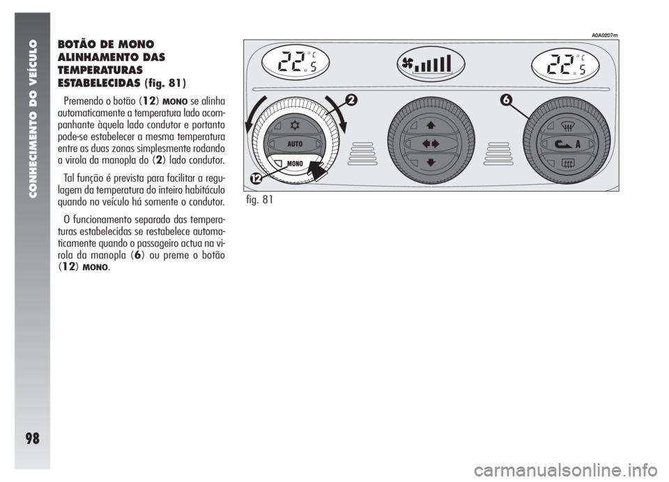 Alfa Romeo 147 2005 Manual de Uso e Manutenção (in Portuguese) CONHECIMENTO DO VEÍCULO
98
BOTÃO DE MONO
ALINHAMENTO DAS
TEMPERATURAS
ESTABELECIDAS
(fig. 81)
Premendo o botão (12)
MONOse alinha
automaticamente a temperatura lado acom-
panhante àquela lado cond Alfa Romeo 147 2005 Manual de Uso e Manutenção (in Portuguese) CONHECIMENTO DO VEÍCULO
98
BOTÃO DE MONO
ALINHAMENTO DAS
TEMPERATURAS
ESTABELECIDAS
(fig. 81)
Premendo o botão (12)
MONOse alinha
automaticamente a temperatura lado acom-
panhante àquela lado cond