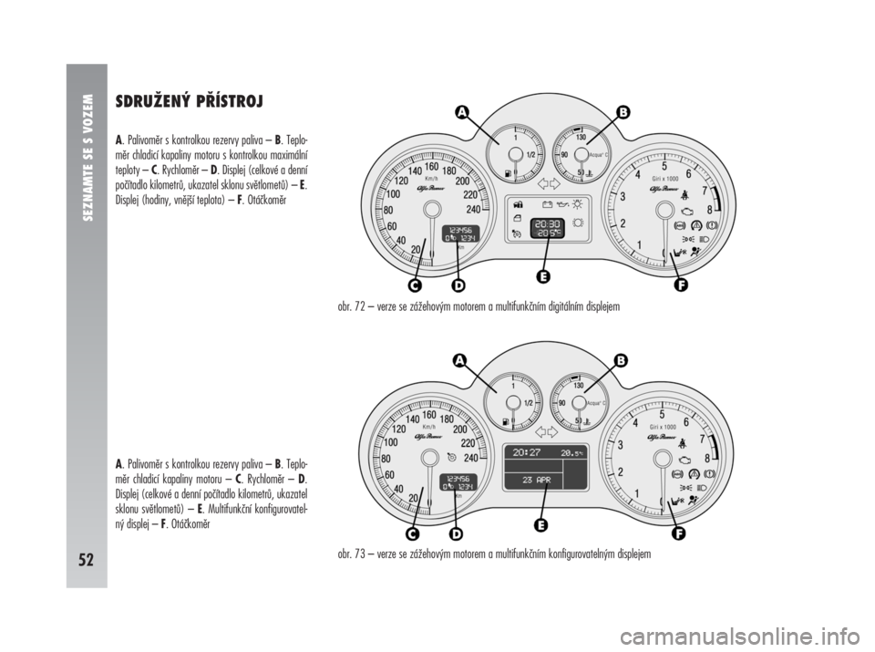 Alfa Romeo 147 2010  Návod k použití a údržbě (in Czech) SEZNAMTE SE S VOZEM
52
obr. 72 – verze se zážehovým motorem a multifunkčním digitálním displejem
obr. 73 – verze se zážehovým motorem a multifunkčním konfigurovatelným displejem
SDRU