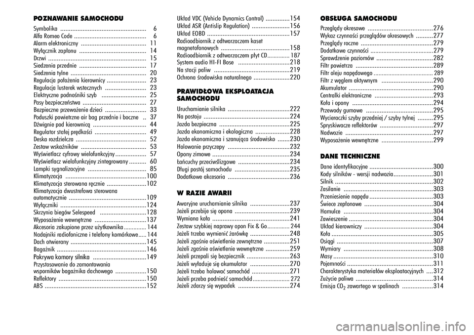 Alfa Romeo 147 2003  Instrukcja obsługi (in Polish) POZNAWANIE SAMOCHODUSymbolika.................................................. 6
Alfa Romeo Code .......................................... 6
Alarm elektroniczny .....................................