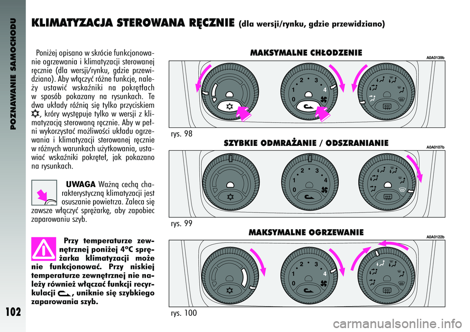 Alfa Romeo 147 2004 Instrukcja obsługi (in Polish) POZNAWANIE SAMOCHODU
102
KLIMAT\bZACJA STE\fOWANA \f¢CZNIE
(\fla wersji/rynku, g\fzie przewi\fziano)
Poni˝ej opisano \f skrócie funkcjono\fa-
nie o\brze\fania i klimatyzacji stero\fanej
r´cznie Alfa Romeo 147 2004 Instrukcja obsługi (in Polish) POZNAWANIE SAMOCHODU
102
KLIMAT\bZACJA STE\fOWANA \f¢CZNIE
(\fla wersji/rynku, g\fzie przewi\fziano)
Poni˝ej opisano \f skrócie funkcjono\fa-
nie o\brze\fania i klimatyzacji stero\fanej
r´cznie