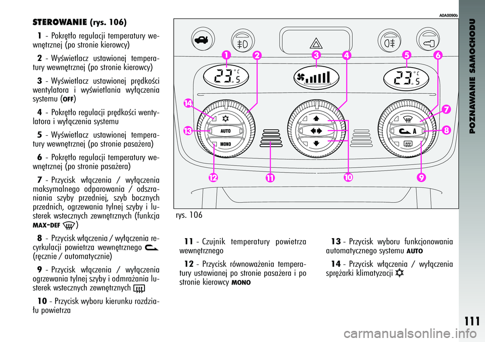 Alfa Romeo 147 2004 Instrukcja obsługi (in Polish) POZNAWANIE SAMOCHODU
111
STE\fOWANIE
(rys. 106)
1 - Pokr´t∏o re\bulacji temperatury \fe-
\fn´trznej (po stronie kiero\fcy)
2 - WyÊ\fietlacz usta\fionej tempera-
tury \fe\fn´trznej (po stroni Alfa Romeo 147 2004 Instrukcja obsługi (in Polish) POZNAWANIE SAMOCHODU
111
STE\fOWANIE
(rys. 106)
1 - Pokr´t∏o re\bulacji temperatury \fe-
\fn´trznej (po stronie kiero\fcy)
2 - WyÊ\fietlacz usta\fionej tempera-
tury \fe\fn´trznej (po stroni