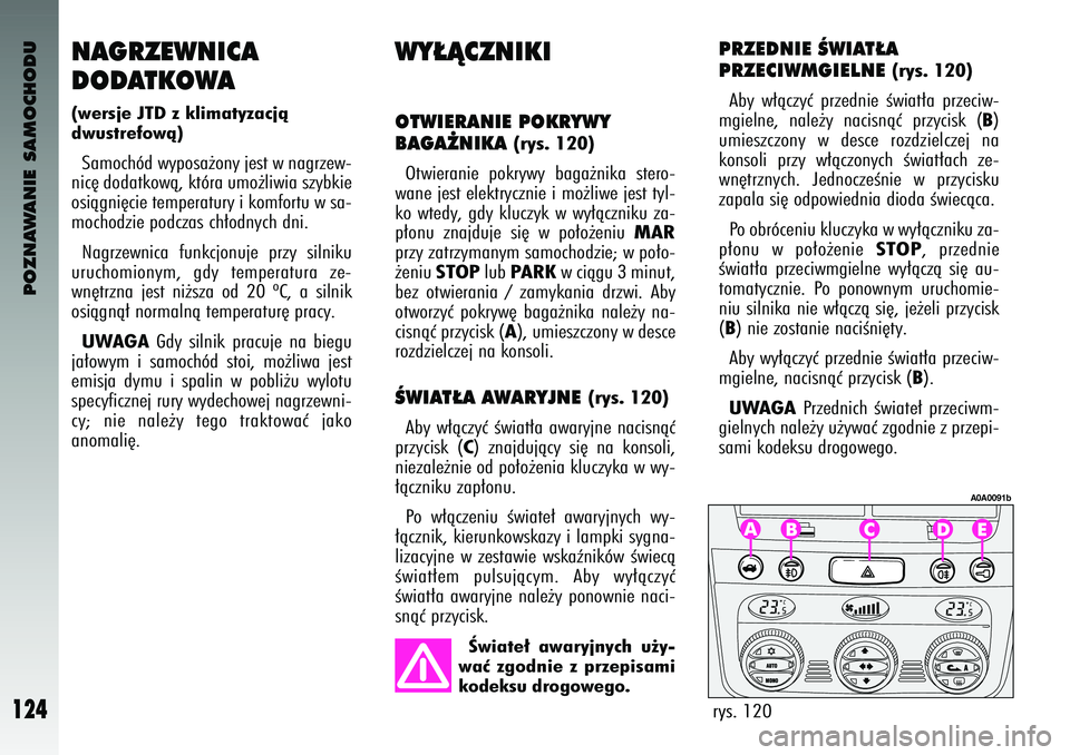 Alfa Romeo 147 2004  Instrukcja obsługi (in Polish) POZNAWANIE SAMOCHODU
124
NAGRZE\bNICA 
D\fDATK\f\bA(wersje \bTD z \flimatyzacjà
dwustrefowà)Samoch\bd wy\fosa˝ony jest w nagrzew-
nic´ dodatkowà, kt\bra umo˝liwia szybkie
osiàgni´cie tem\ferat