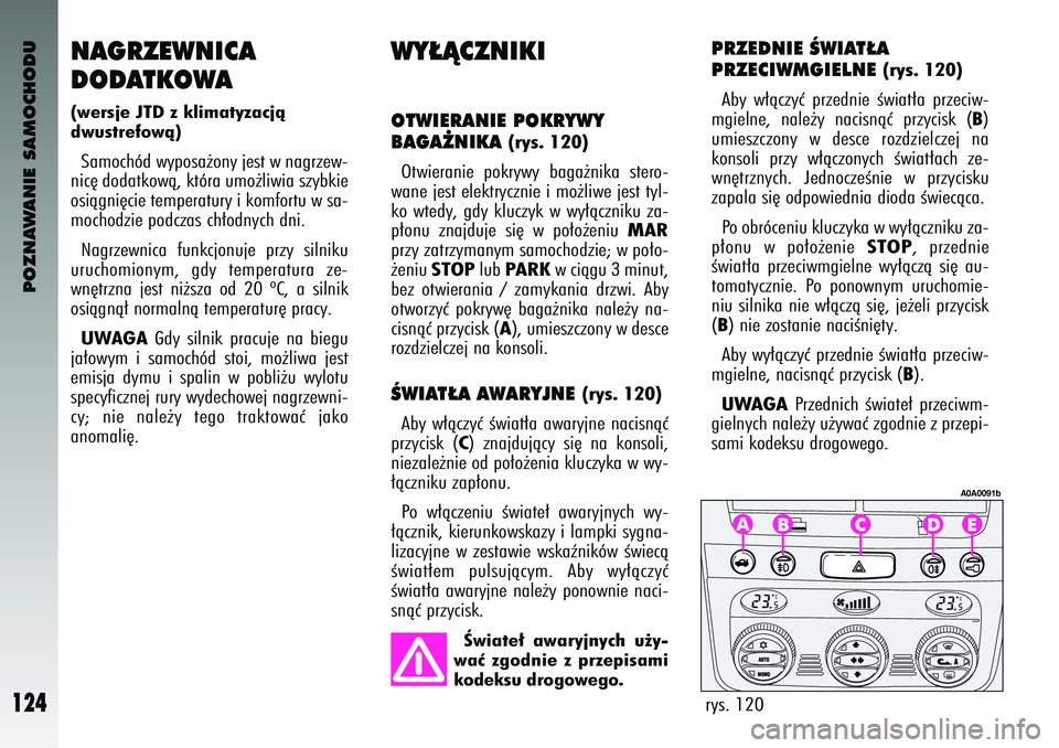 Alfa Romeo 147 2004 Instrukcja obsługi (in Polish) POZNAWANIE SAMOCHODU
124
NAGRZE\bNICA
D\fDATK\f\bA(wersje \bTD z \flimatyzacjà
dwustrefowà)Samoch\bd wy\fosa˝ony jest w nagrzew-
nic´ dodatkowà, kt\bra umo˝liwia szybkie
osiàgni´cie tem\ferat Alfa Romeo 147 2004 Instrukcja obsługi (in Polish) POZNAWANIE SAMOCHODU
124
NAGRZE\bNICA
D\fDATK\f\bA(wersje \bTD z \flimatyzacjà
dwustrefowà)Samoch\bd wy\fosa˝ony jest w nagrzew-
nic´ dodatkowà, kt\bra umo˝liwia szybkie
osiàgni´cie tem\ferat
