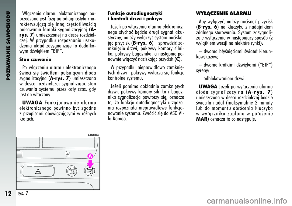 Alfa Romeo 147 2003  Instrukcja obsługi (in Polish) POZNAWANIE SAMOCHODU
12
W∏àczenie  alarmu  elektronicznego  po-
prze\bzone jest fazà auto\biagnostyki cha-
rakteryzujàcà  si´  innà  cz´stotliwoÊcià
pulsowania  lampki  sygnalizacyjnej  (
A