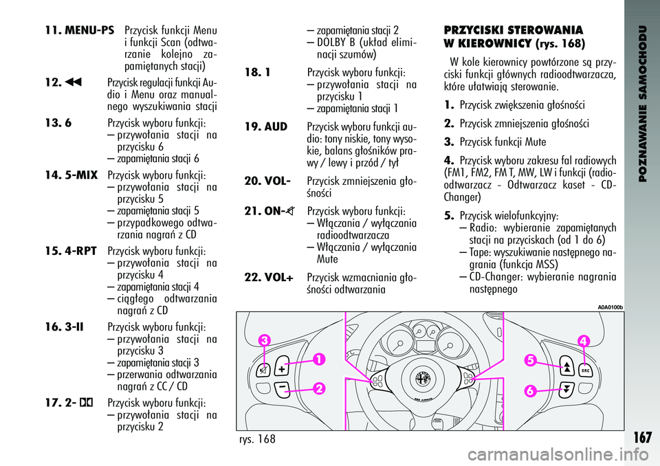 Alfa Romeo 147 2004  Instrukcja obsługi (in Polish) POZNAWANIE SAMOCHODU
167
11. MENU-PS
Przyci\bk funkcji Menu
i funkcji Scan (\fdtwa-
rzanie  k\flejn\f  za-
pami´tanych \btacji)
12.
¯¯
Przyci\bk regulacji funkcji Au-
di\f  i Menu  \fraz manual-
ne