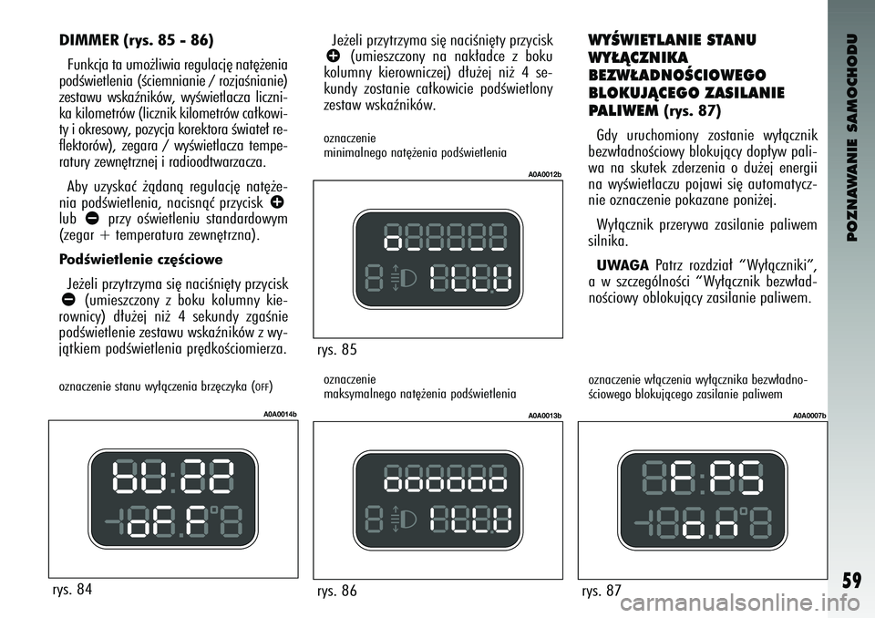 Alfa Romeo 147 2003  Instrukcja obsługi (in Polish) POZNAWANIE SAMOCHODU
59
rys. 84
A0A0014b
rys. 85
A0A0012b
rys. 86
A0A0013b
rys. 87
A0A0007b
o\fnac\f\bni\b 
minimaln\bgo nat´˝\bnia podÊwi\btl\bnia
o\fnac\f\bni\b 
maksymaln\bgo nat´˝\bnia podÊw