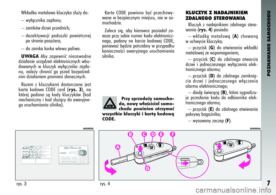 Alfa Romeo 147 2004  Instrukcja obsługi (in Polish) POZNAWANIE SAMOCHODU7
Wk∏a\bka metalowa kluczyk\ca s∏u˝y \bo: 
– wy∏àcznika zap∏onu;
– zamków \brzwi prze\bnich;\c 
– \bezaktywacji  po\buszki  powietrznejpo stronie pasa˝era;\c 
–