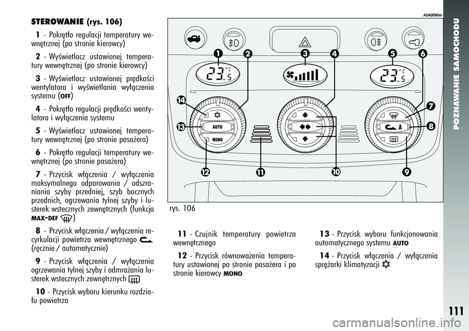 Alfa Romeo 147 2005 Instrukcja obsługi (in Polish) POZNAWANIE SAMOCHODU
111
STEROWANIE
(rys. 106)
1 - Pokr´t∏o regulacji temperatury we-
wn´trznej (po stronie kierowcy)
2 - WyÊwietlacz ustawionej tempera-
tury wewn´trznej (po stronie kierowcy)
Alfa Romeo 147 2005 Instrukcja obsługi (in Polish) POZNAWANIE SAMOCHODU
111
STEROWANIE
(rys. 106)
1 - Pokr´t∏o regulacji temperatury we-
wn´trznej (po stronie kierowcy)
2 - WyÊwietlacz ustawionej tempera-
tury wewn´trznej (po stronie kierowcy)