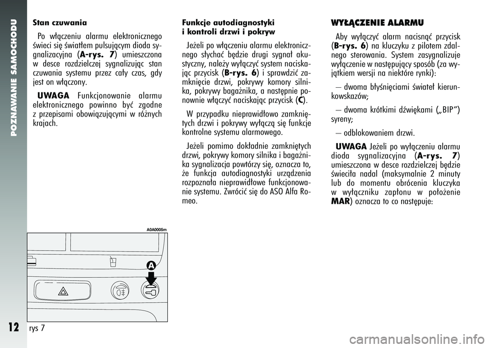 Alfa Romeo 147 2005  Instrukcja obsługi (in Polish) POZNAWANIE SAMOCHODU
12
Stan czuwaniaPo w∏àczeniu alarmu elektronicznego
Êwieci si´ Êwiat∏em pulsujàcym dioda sy-
gnalizacyjna (
A-rys. 7
) umieszczona
w desce rozdzielczej sygnalizujàc stan