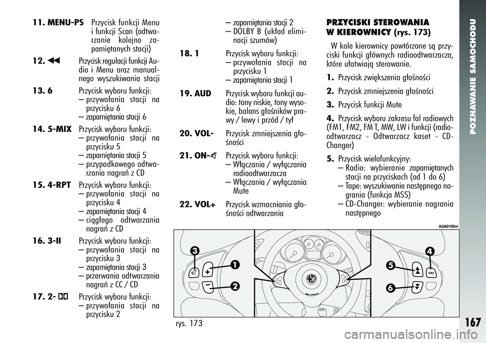 Alfa Romeo 147 2005  Instrukcja obsługi (in Polish) POZNAWANIE SAMOCHODU
167
11. MENU-PS
Przycisk funkcji Menu
i funkcji Scan (odtwa-
rzanie kolejno za-
pami´tanych stacji)
12.
¯¯
Przycisk regulacji funkcji Au-
dio i Menu oraz manual-
nego wyszukiwa