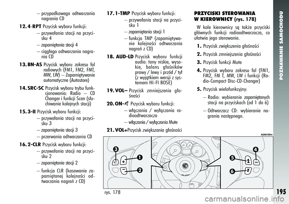 Alfa Romeo 147 2005 Instrukcja obsługi (in Polish) POZNAWANIE SAMOCHODU
195
– przypadkowego odtwarzanianagrania CD
12. 4
-RPT
Przycisk wyboru funkcji:
– przywo∏ania stacji na przyci- sku 4
– zapami´tania stacji 4
– ciàg∏ego odtwarzania Alfa Romeo 147 2005 Instrukcja obsługi (in Polish) POZNAWANIE SAMOCHODU
195
– przypadkowego odtwarzanianagrania CD
12. 4
-RPT
Przycisk wyboru funkcji:
– przywo∏ania stacji na przyci- sku 4
– zapami´tania stacji 4
– ciàg∏ego odtwarzania