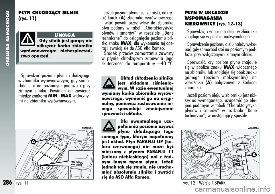 Alfa Romeo 147 2005  Instrukcja obsługi (in Polish) OBS¸UGA SAMOCHODU
286
P¸YN W UK¸ADZIE 
WSPOMAGANIA 
KIEROWNICY
(rys. 12-13)
Sprawdziç, czy poziom oleju w zbiorniku
znajduje si´ w pobli˝u maksymalnego. 
Sprawdzenie poziomu oleju nale˝y wyko-
