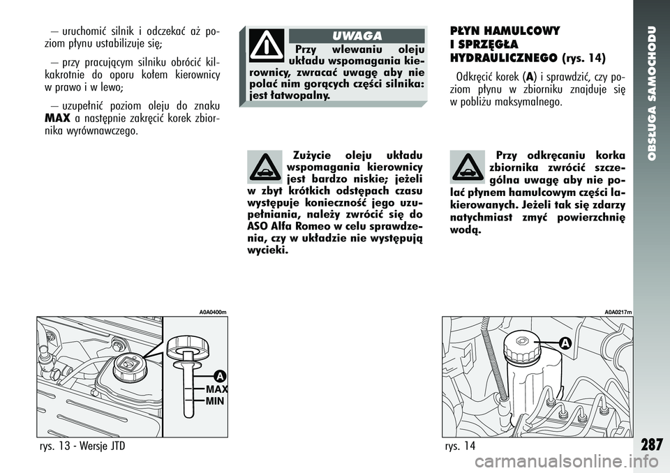 Alfa Romeo 147 2005  Instrukcja obsługi (in Polish) OBS¸UGA SAMOCHODU
287
P¸YN HAMULCOWY 
I SPRZ¢G¸A 
HYDRAULICZNEGO 
(rys. 14)
Odkr´ciç korek (
A) i sprawdziç, czy po-
ziom p∏ynu w zbiorniku znajduje si´
w pobli˝u maksymalnego.
rys. 14
A0A0