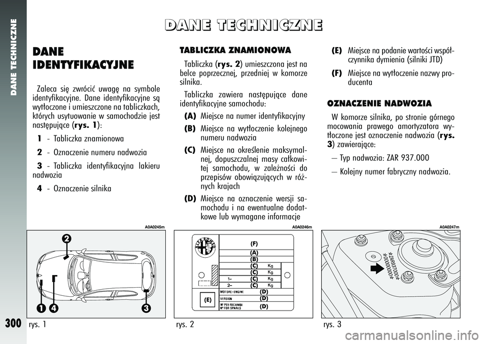 Alfa Romeo 147 2005  Instrukcja obsługi (in Polish) DANE TECHNICZNE
300
TABLICZKA ZNAMIONOWATabliczka (
rys. 2
) umieszczona jest na
belce poprzecznej, przedniej w komorze
silnika. 
Tabliczka zawiera nast´pujàce dane
identyfikacyjne samochodu: 
(A)
M