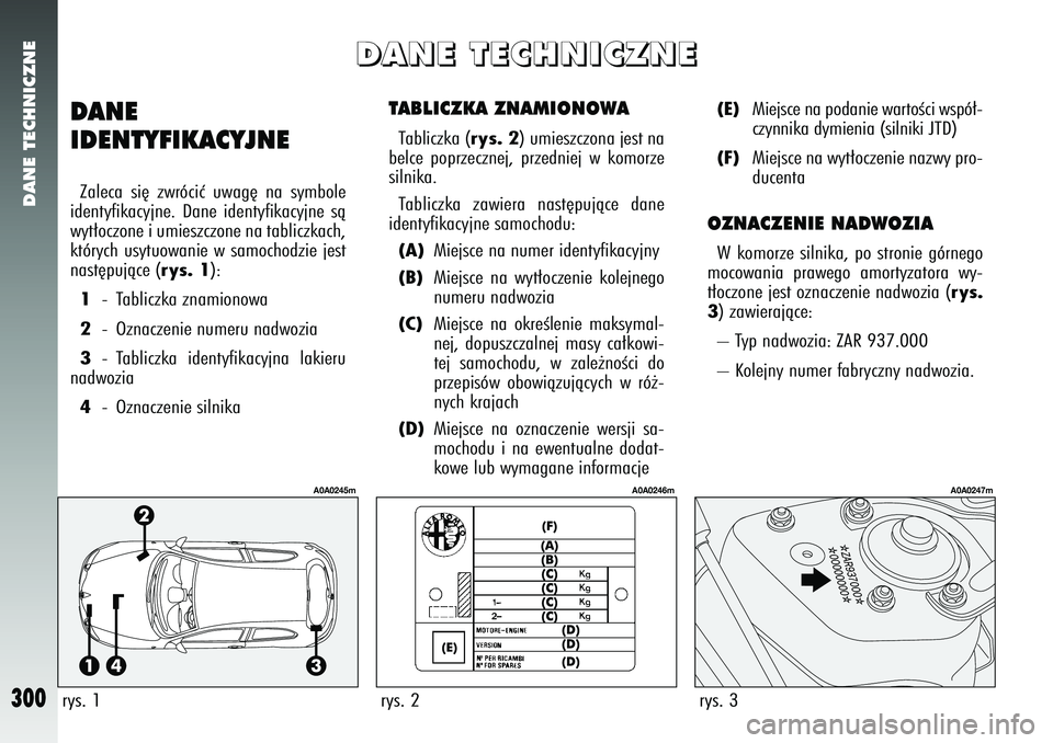 Alfa Romeo 147 2005 Instrukcja obsługi (in Polish) DANE TECHNICZNE
300
TABLICZKA ZNAMIONOWATabliczka (
rys. 2
) umieszczona jest na
belce poprzecznej, przedniej w komorze
silnika.
Tabliczka zawiera nast´pujàce dane
identyfikacyjne samochodu:
(A)
M Alfa Romeo 147 2005 Instrukcja obsługi (in Polish) DANE TECHNICZNE
300
TABLICZKA ZNAMIONOWATabliczka (
rys. 2
) umieszczona jest na
belce poprzecznej, przedniej w komorze
silnika.
Tabliczka zawiera nast´pujàce dane
identyfikacyjne samochodu:
(A)
M