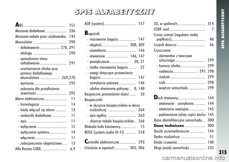 Alfa Romeo 147 2005  Instrukcja obsługi (in Polish) SPIS ALFABETYCZNY
315
S
S
S
S
P
P
P
P
I
I
I
I
S
S
S
S
 
 
 
 
A
A
A
A
L
L
L
L
F
F
F
F
A
A
A
A
B
B
B
B
E
E
E
E
T
T
T
T
Y
Y
Y
Y
C
C
C
C
Z
Z
Z
Z
N
N
N
N
Y
Y
Y
Y
A
BS .....................................